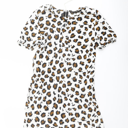 Zara Womens White Animal Print Polyester Shift Size XS Round Neck Zip - Leopard pattern