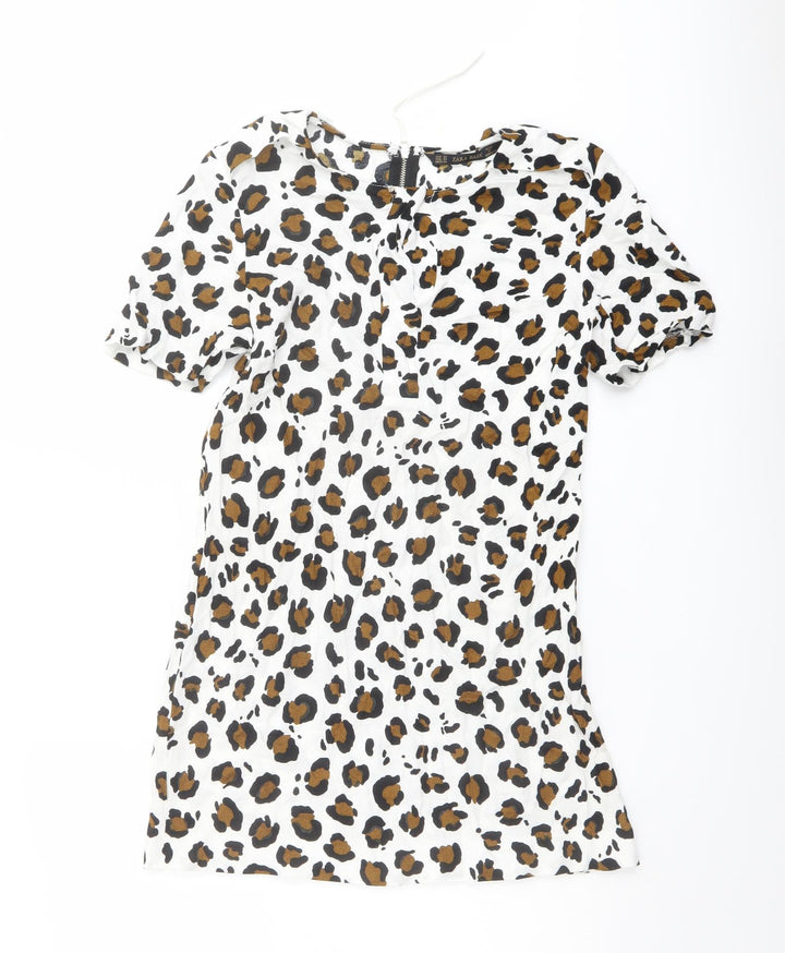 Zara Womens White Animal Print Polyester Shift Size XS Round Neck Zip - Leopard pattern