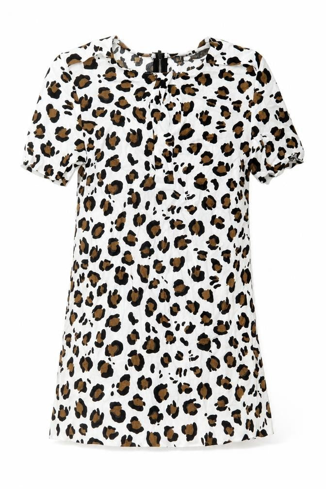Front view of Zara women’s white animal print polyester shift, size XS, round neck zip - leopard pattern