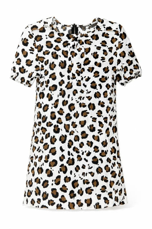 Front view of Zara women’s white animal print polyester shift, size XS, round neck zip - leopard pattern