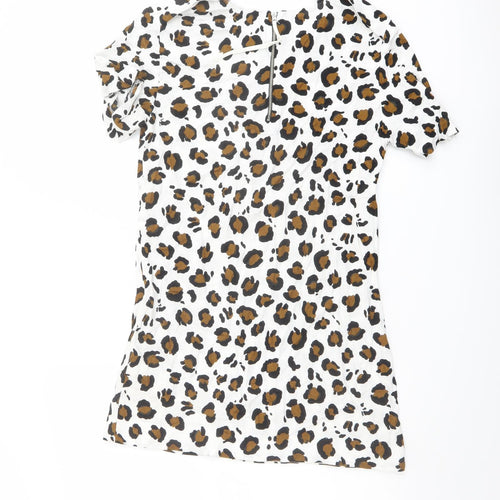 Zara Womens White Animal Print Polyester Shift Size XS Round Neck Zip - Leopard pattern