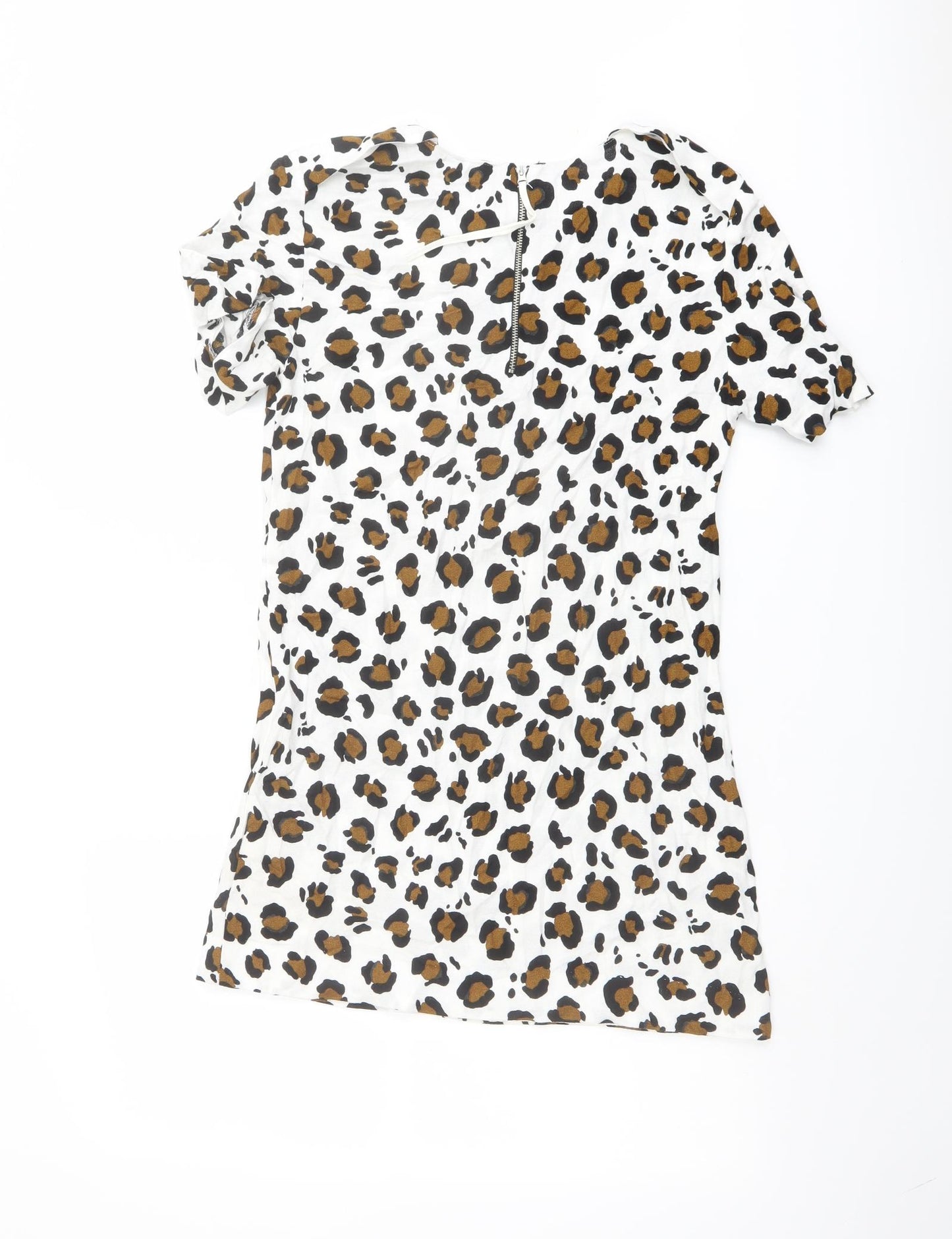 Zara Womens White Animal Print Polyester Shift Size XS Round Neck Zip - Leopard pattern