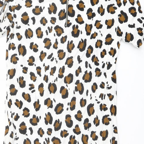 Zara Womens White Animal Print Polyester Shift Size XS Round Neck Zip - Leopard pattern