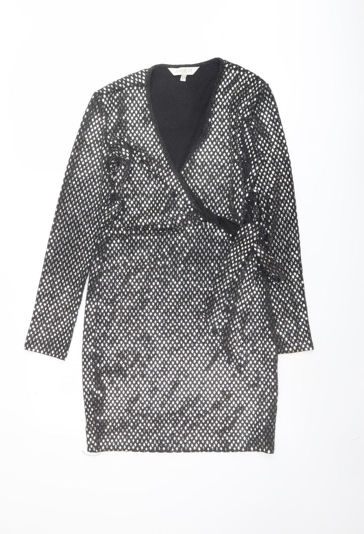Apricot Womens Black Geometric Nylon A-Line Size L V-Neck Pullover