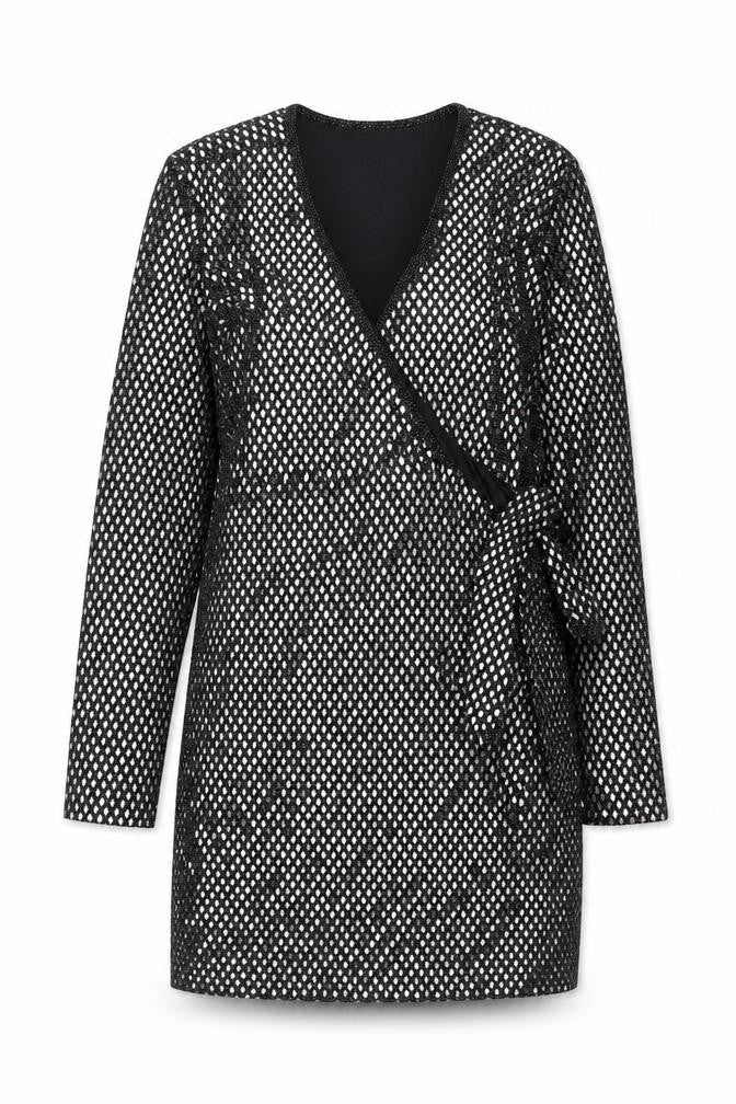 Front view of Apricot women’s black geometric nylon a-line, size L, v-neck pullover