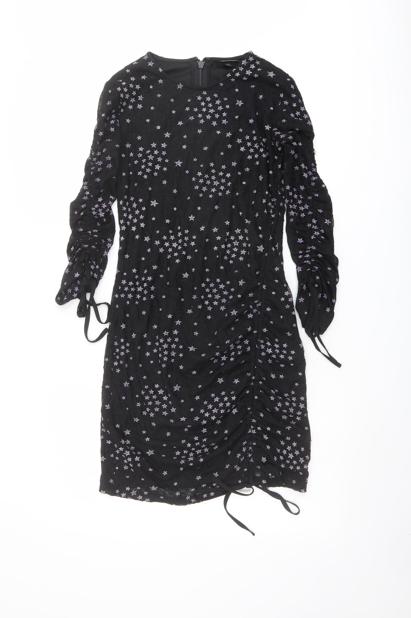 Topshop Womens Black Geometric Polyester A-Line Size 6 Round Neck Zip - Star pattern