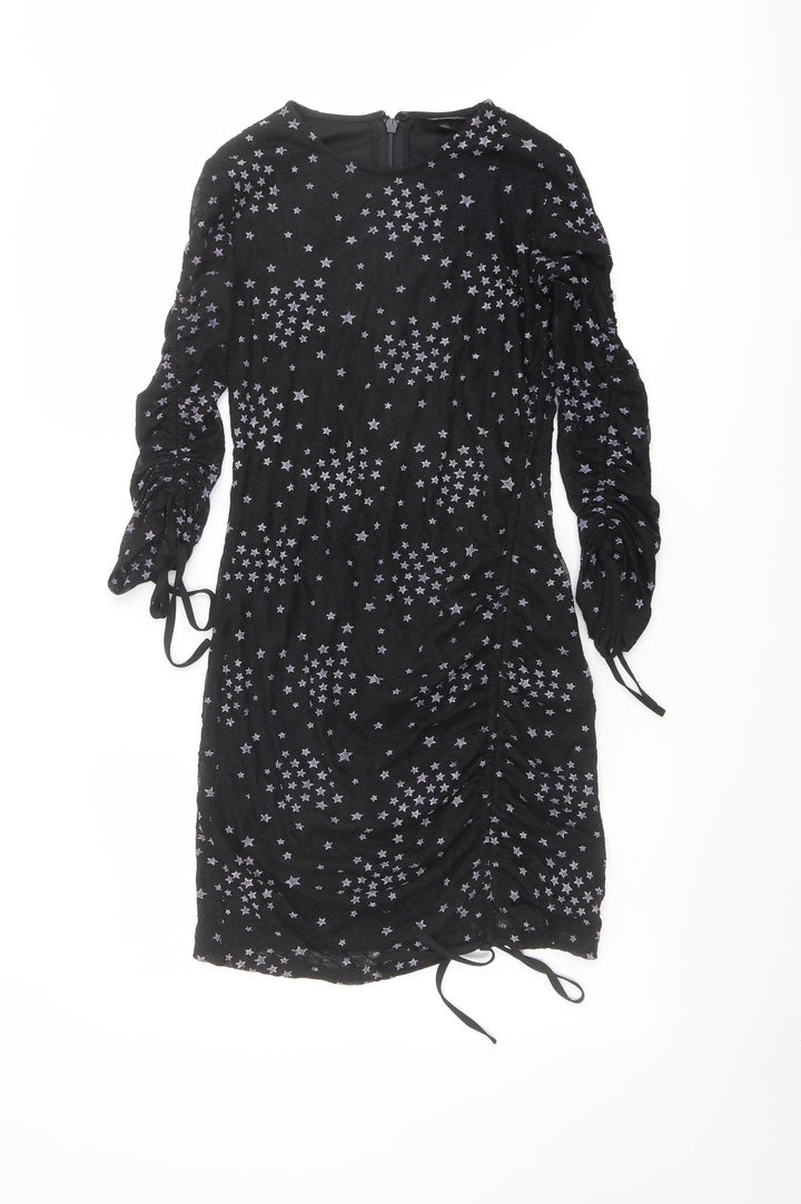 Topshop Womens Black Geometric Polyester A-Line Size 6 Round Neck Zip - Star pattern