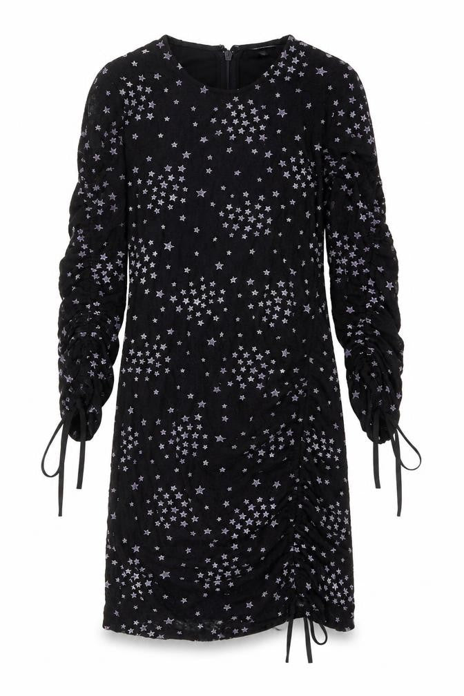 Front view of Topshop women’s black geometric polyester a-line, size UK 6, round neck zip - star pattern