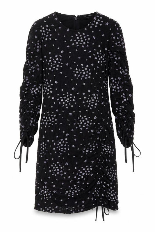 Front view of Topshop women’s black geometric polyester a-line, size UK 6, round neck zip - star pattern