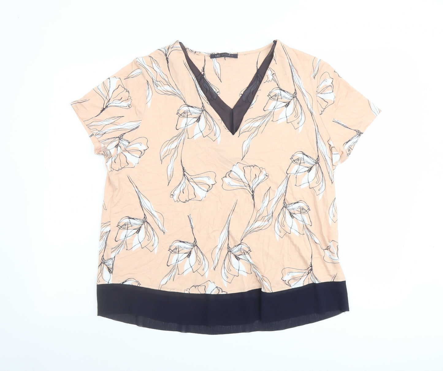 Marks and Spencer Womens Pink Floral Viscose Basic Blouse Size 16 V-Neck
