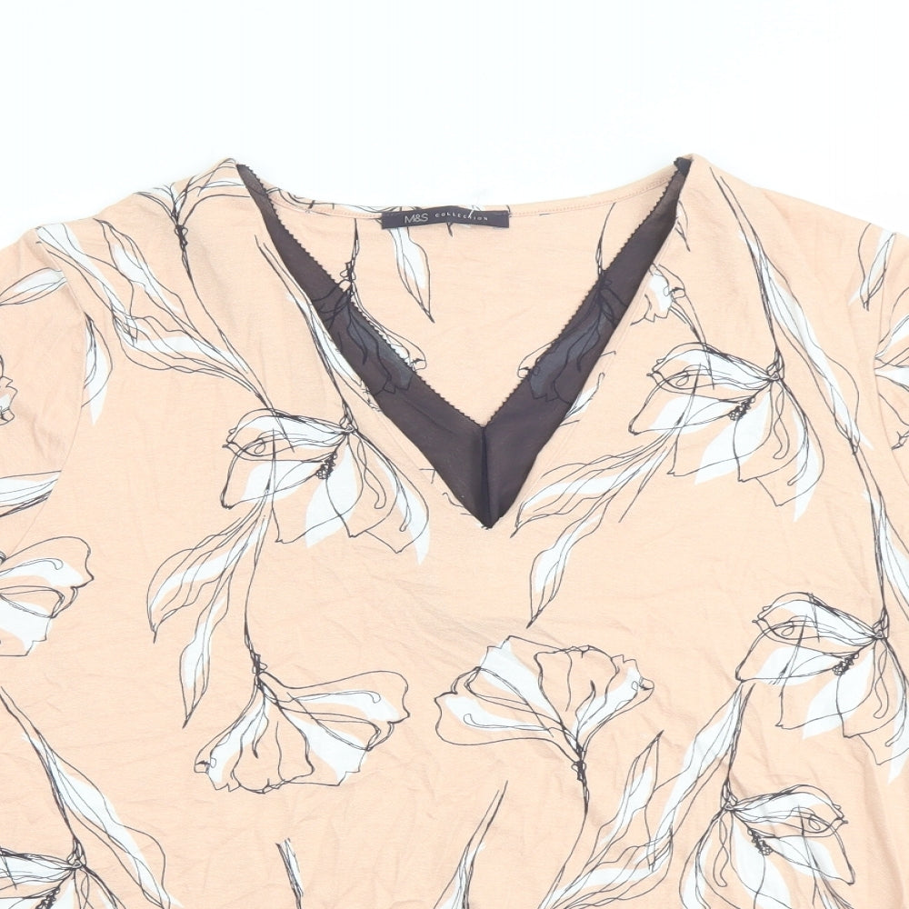 Marks and Spencer Womens Pink Floral Viscose Basic Blouse Size 16 V-Neck