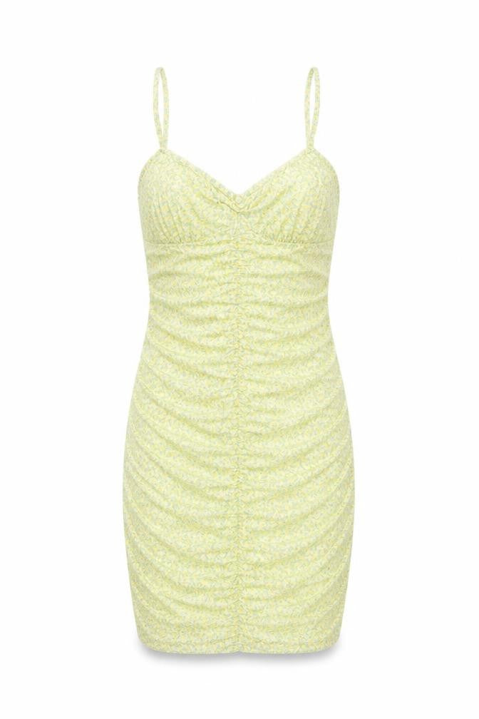 Front view of H&M women’s green floral polyester bodycon, size M, v-neck pullover