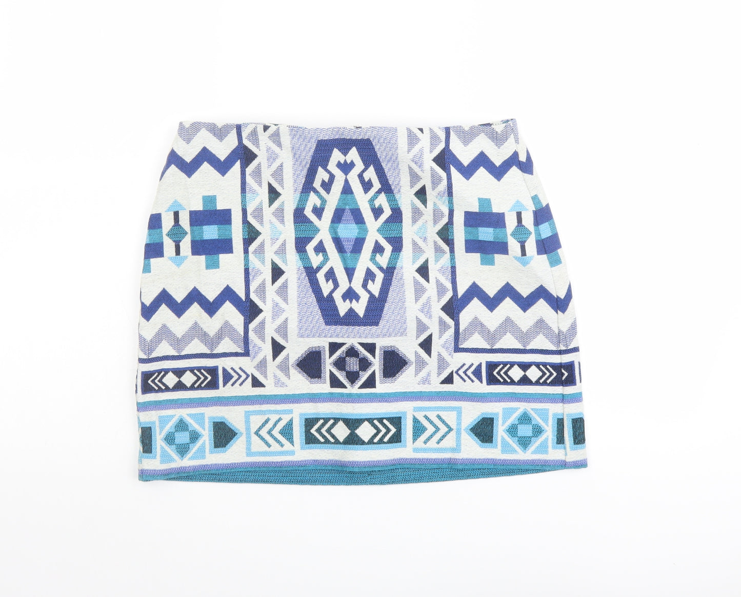 H&M Womens Blue Geometric Cotton Mini Skirt Size 8 Zip