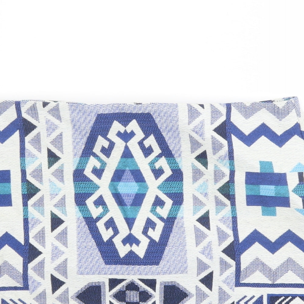 H&M Womens Blue Geometric Cotton Mini Skirt Size 8 Zip