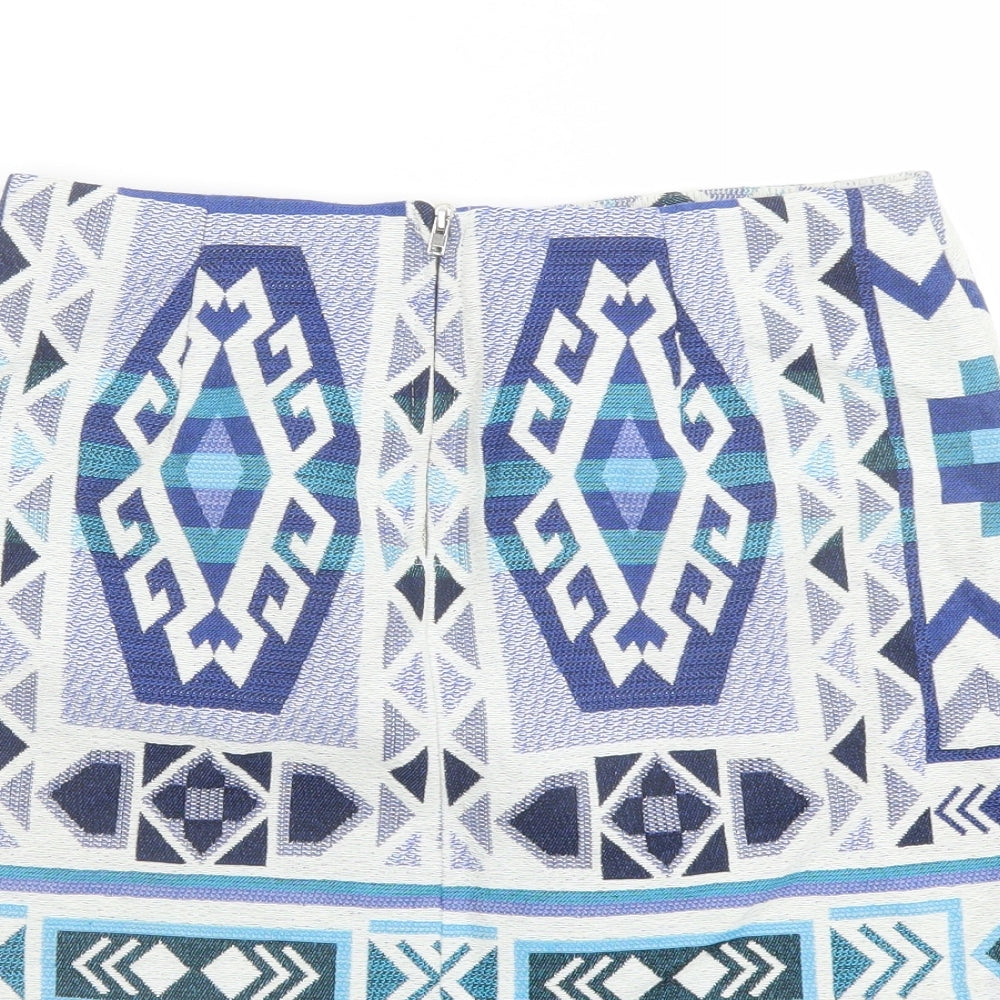 H&M Womens Blue Geometric Cotton Mini Skirt Size 8 Zip