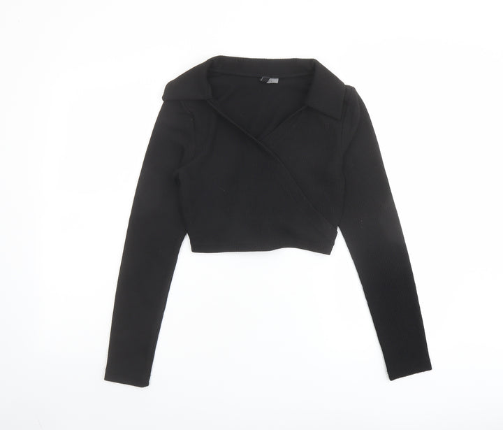 H&M Womens Black Polyester Cropped Polo Size M Collared