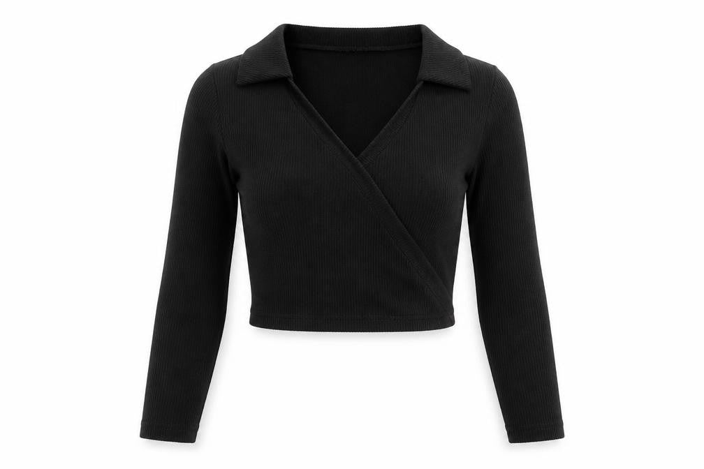 Front view of H&M women’s black polyester cropped polo, size M, collared