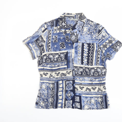 Marks and Spencer Womens Blue Geometric Viscose Basic Button-Up Size 10 Collared
