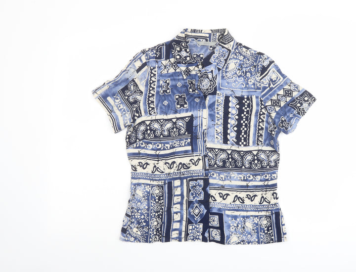 Marks and Spencer Womens Blue Geometric Viscose Basic Button-Up Size 10 Collared