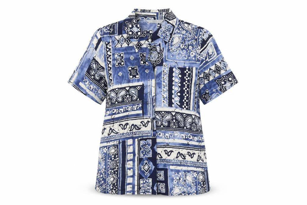 Front view of Marks & Spencer women’s blue geometric viscose basic button-up, size UK 10, collared
