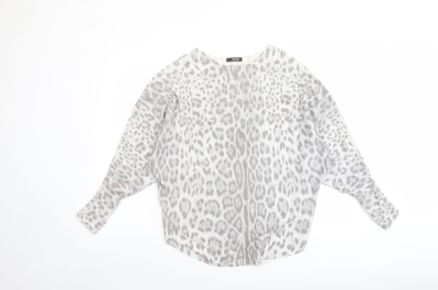 Quiz Womens Grey Round Neck Animal Print Viscose Pullover Jumper Size L - Leopard pattern