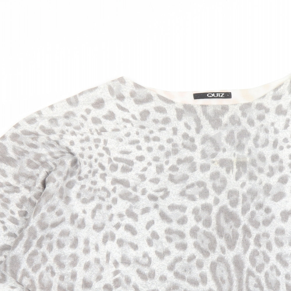 Quiz Womens Grey Round Neck Animal Print Viscose Pullover Jumper Size L - Leopard pattern