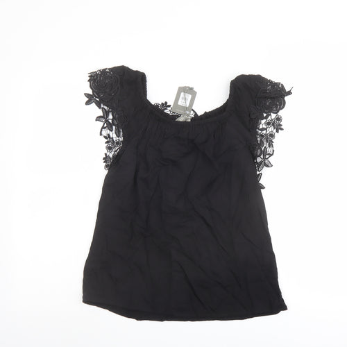 Oasis Womens Black Viscose Basic Blouse Size 10 Off the Shoulder - Crocheted Lace Detail
