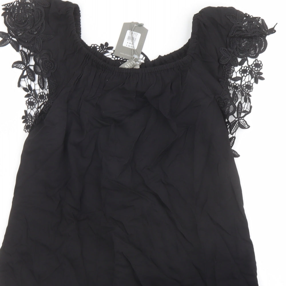Oasis Womens Black Viscose Basic Blouse Size 10 Off the Shoulder - Crocheted Lace Detail