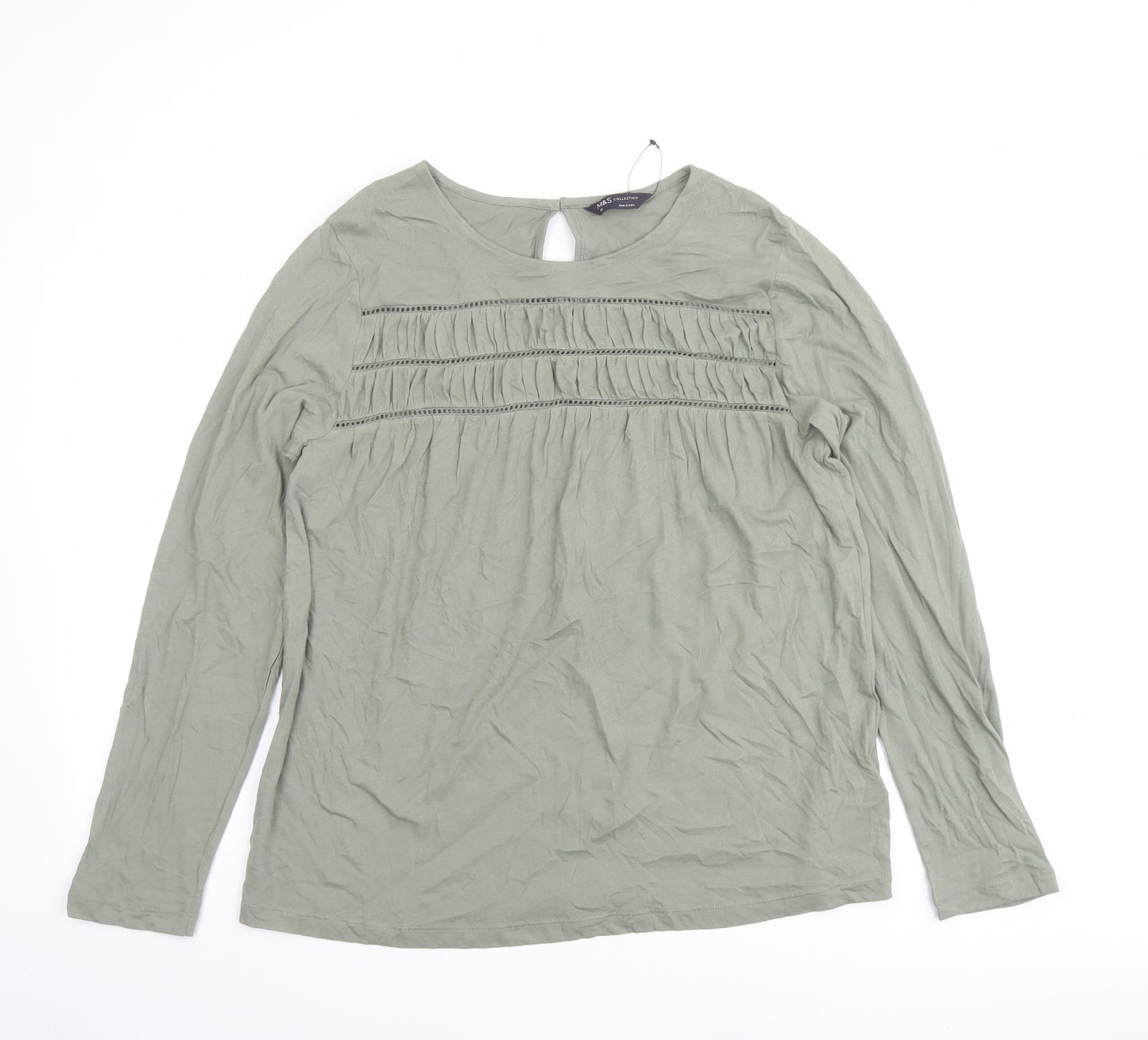 Marks and Spencer Womens Green Cotton Basic T-Shirt Size 12 Round Neck - Front Detail