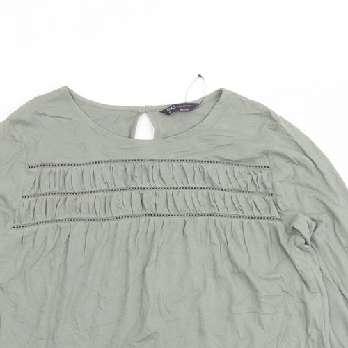 Marks and Spencer Womens Green Cotton Basic T-Shirt Size 12 Round Neck - Front Detail