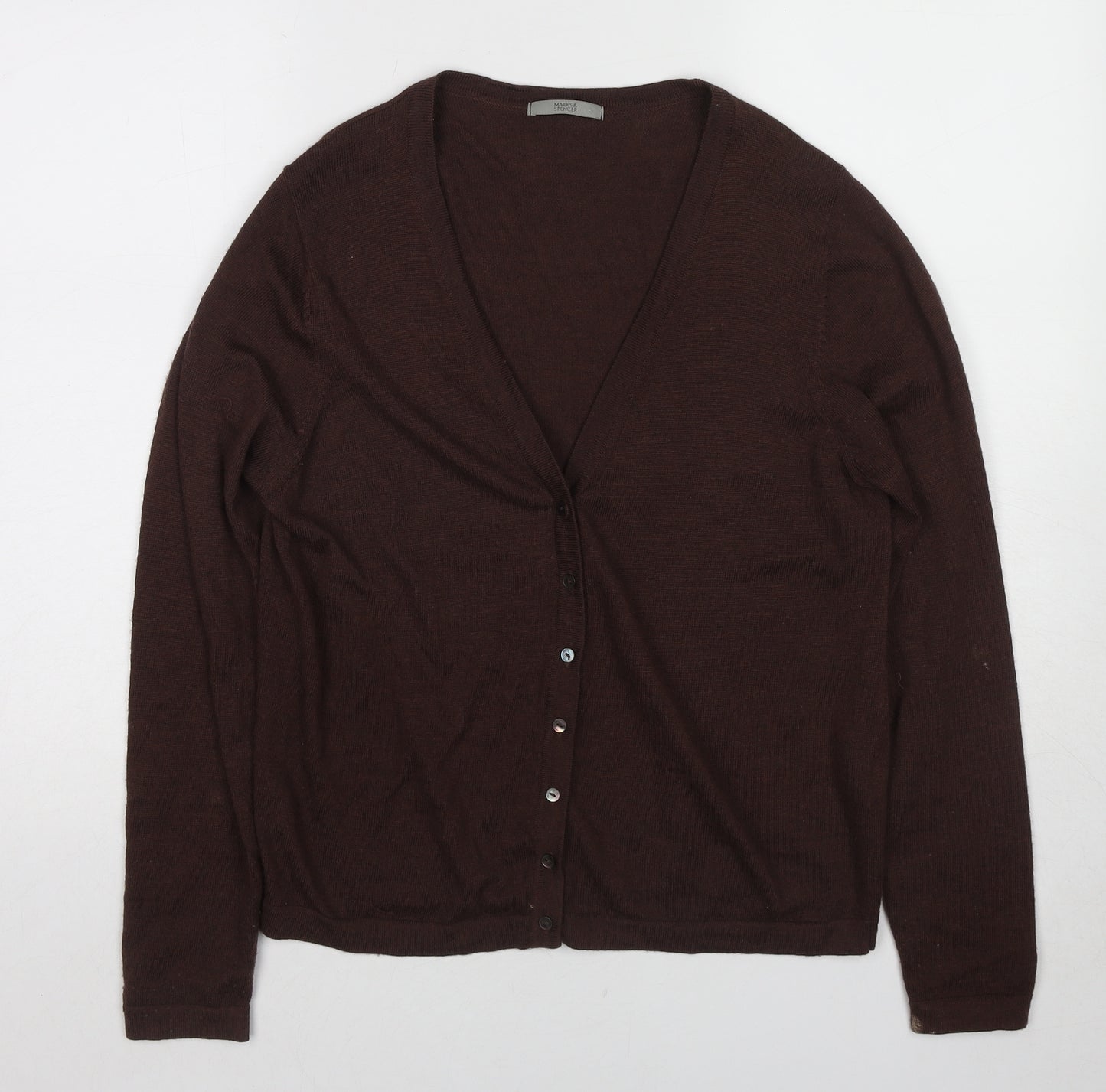 Marks and Spencer Womens Brown V-Neck Wool Cardigan Jumper Size 16