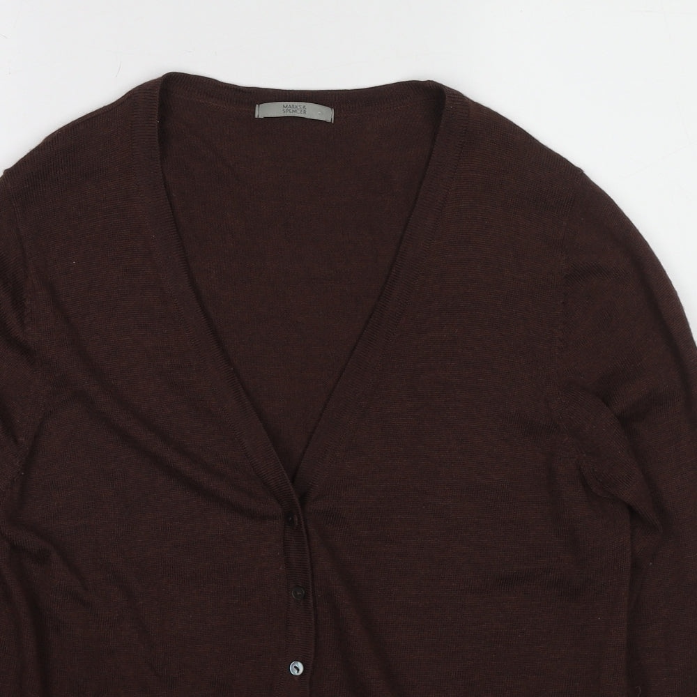 Marks and Spencer Womens Brown V-Neck Wool Cardigan Jumper Size 16