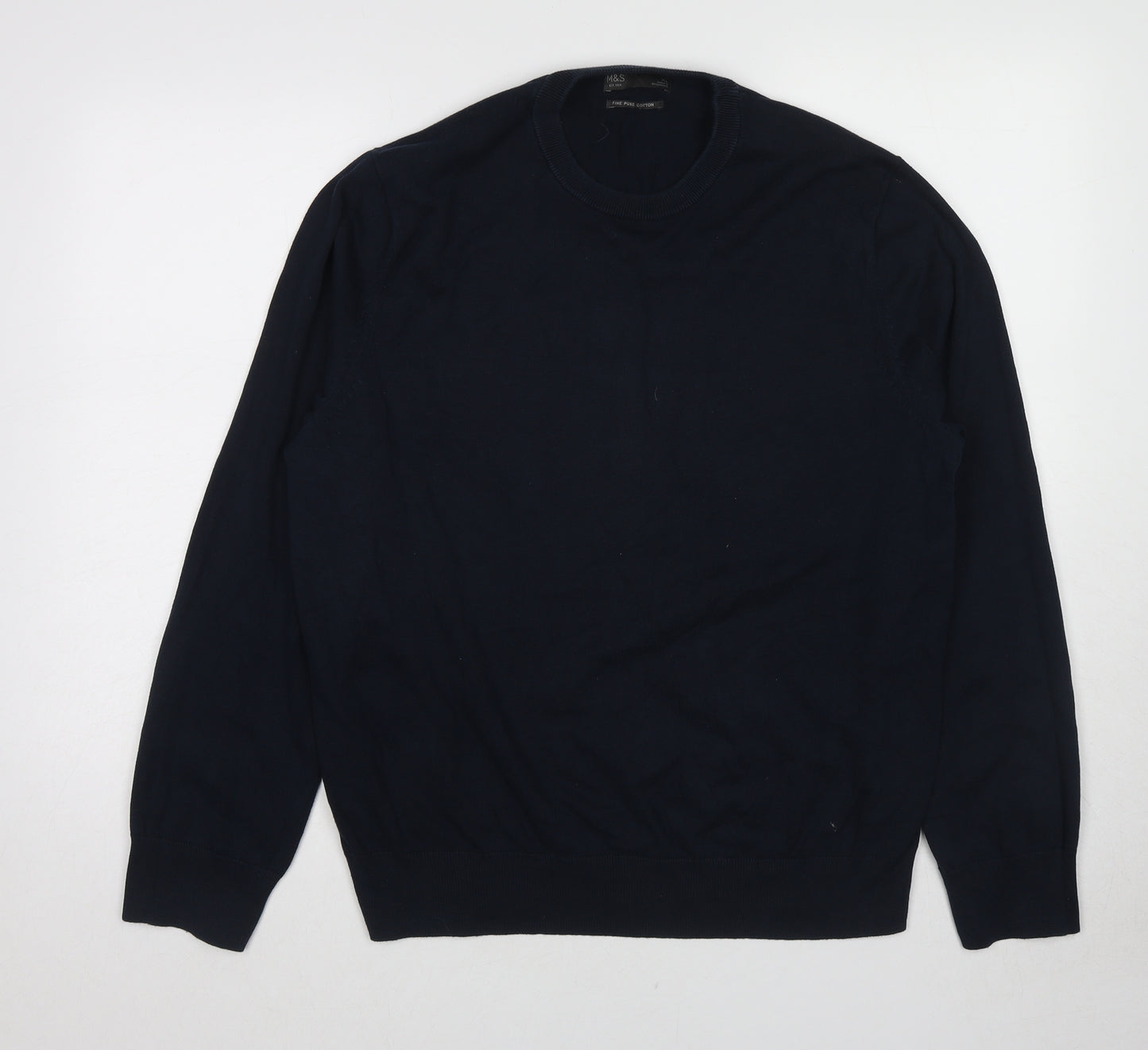 Marks and Spencer Mens Blue Round Neck Cotton Pullover Jumper Size XL Long Sleeve