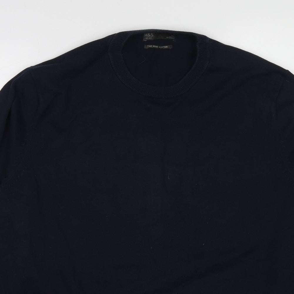 Marks and Spencer Mens Blue Round Neck Cotton Pullover Jumper Size XL Long Sleeve