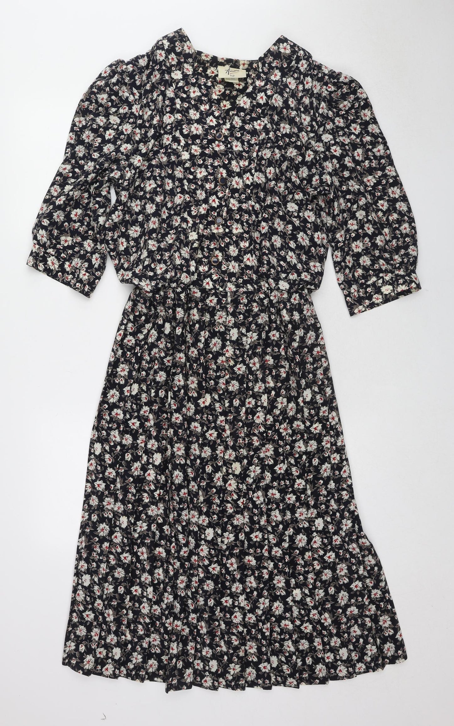 Amani Womens Multicoloured Floral Polyester A-Line Size 12 V-Neck Button