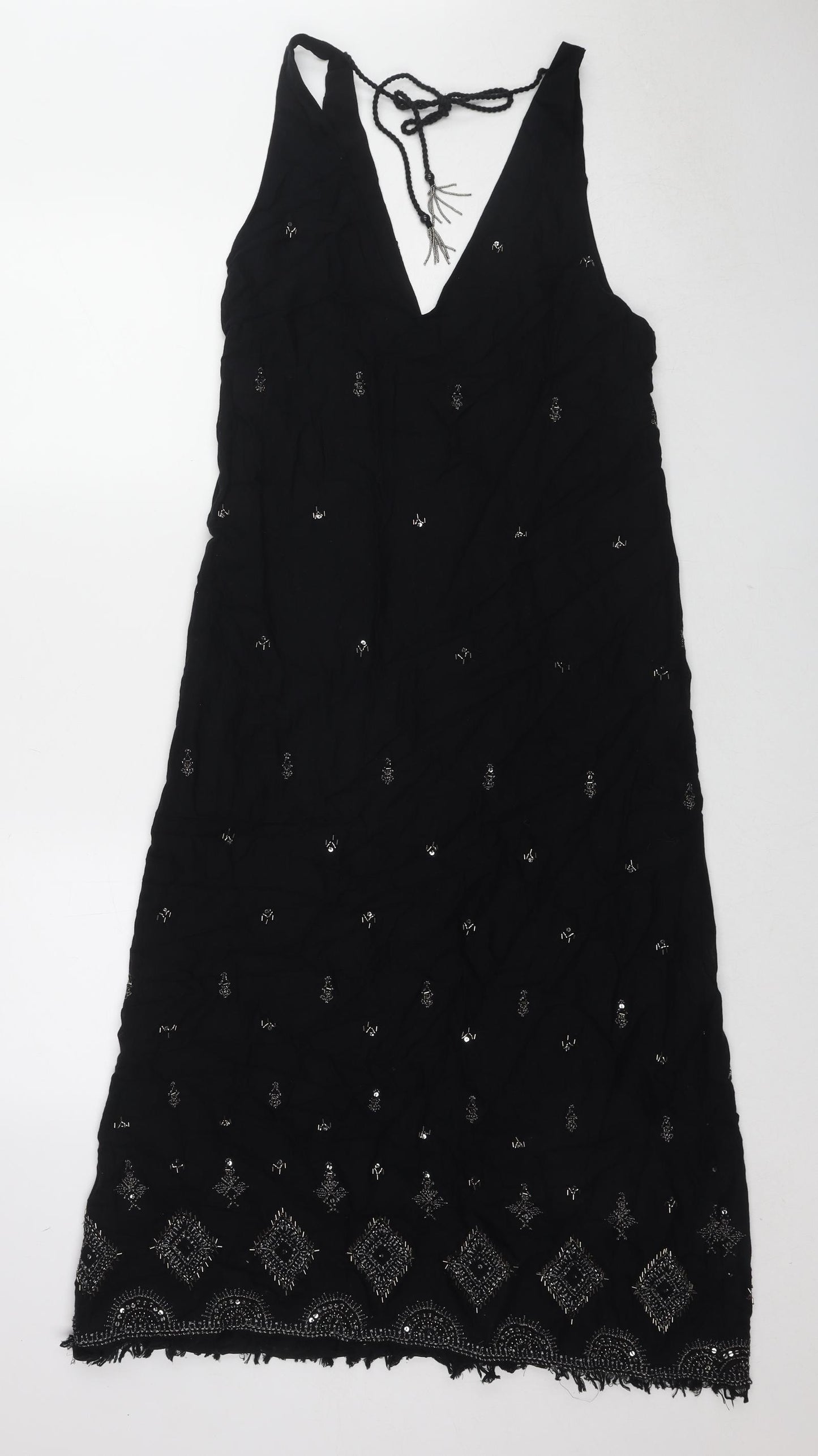 Zara Womens Black Polyester A-Line Size XS V-Neck Tie - Embellished