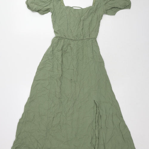 Zara Womens Green Polyester A-Line Size L Square Neck Tie - Lace Up Back Detail