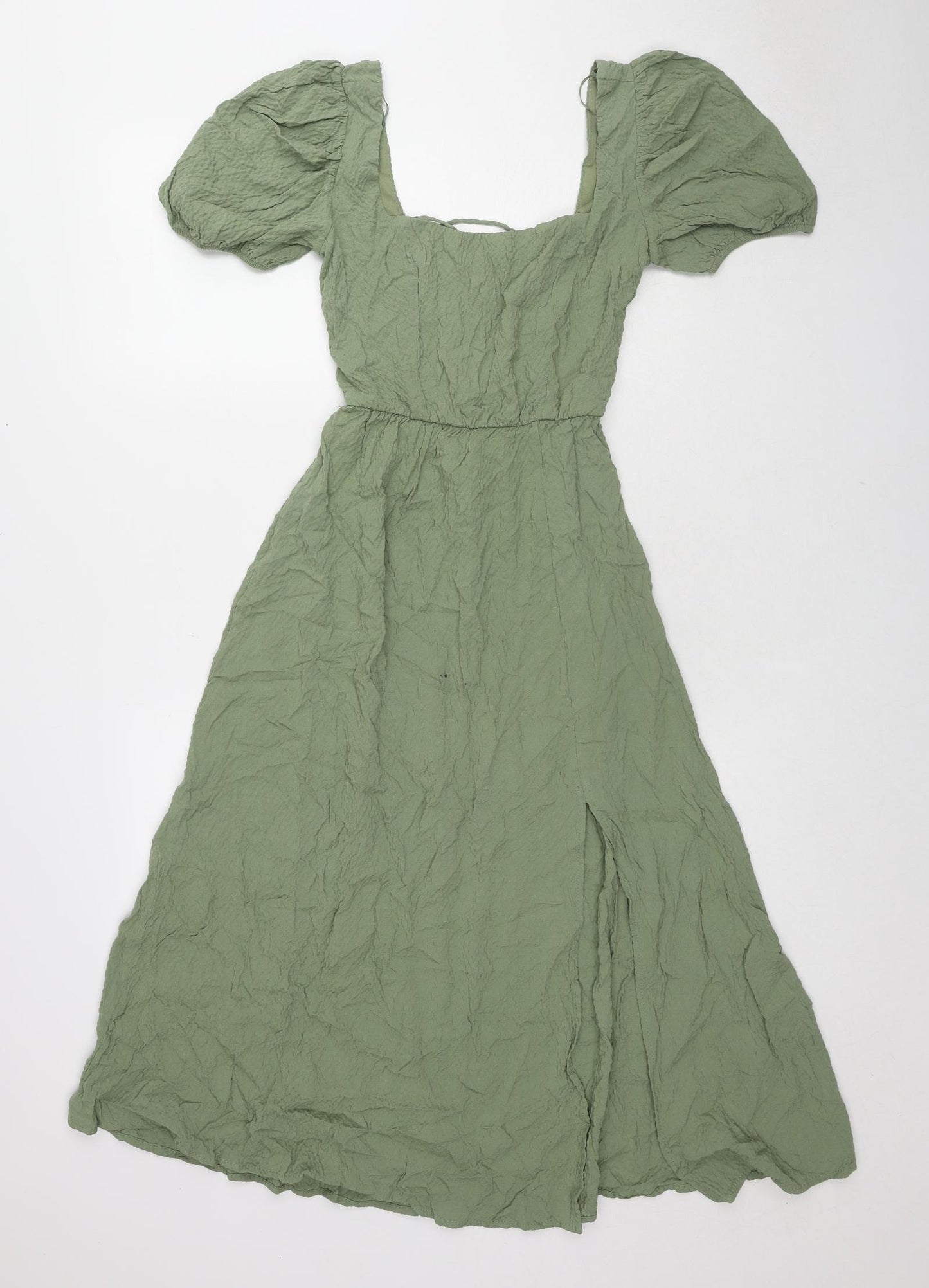 Zara Womens Green Polyester A-Line Size L Square Neck Tie - Lace Up Back Detail