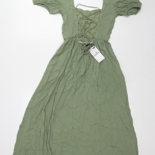 Zara Womens Green Polyester A-Line Size L Square Neck Tie - Lace Up Back Detail