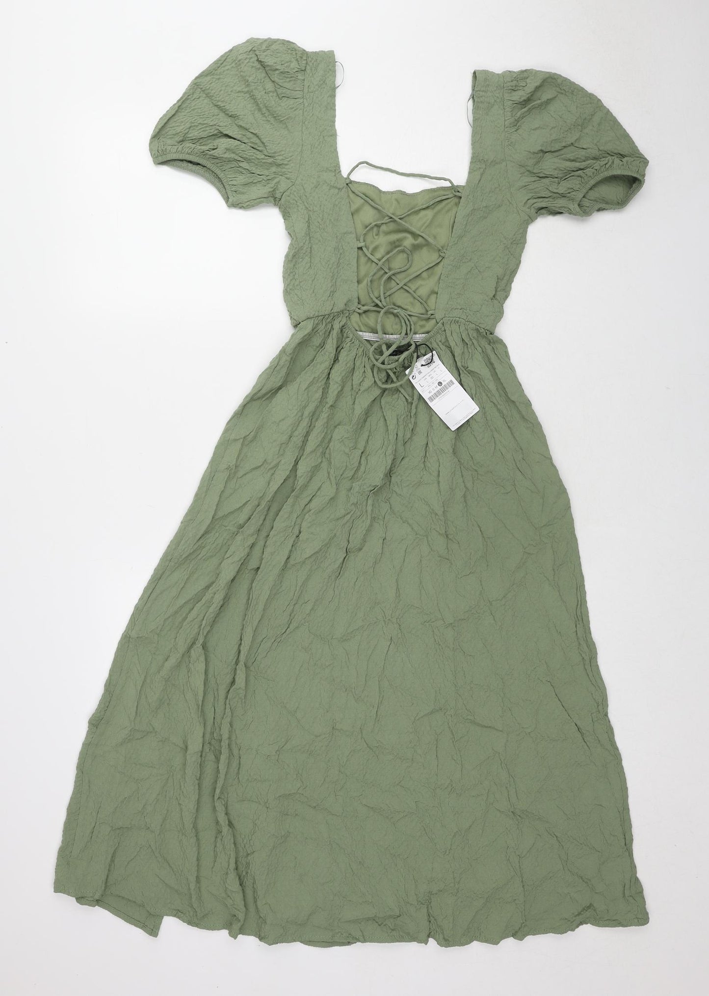 Zara Womens Green Polyester A-Line Size L Square Neck Tie - Lace Up Back Detail