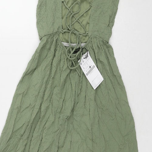 Zara Womens Green Polyester A-Line Size L Square Neck Tie - Lace Up Back Detail