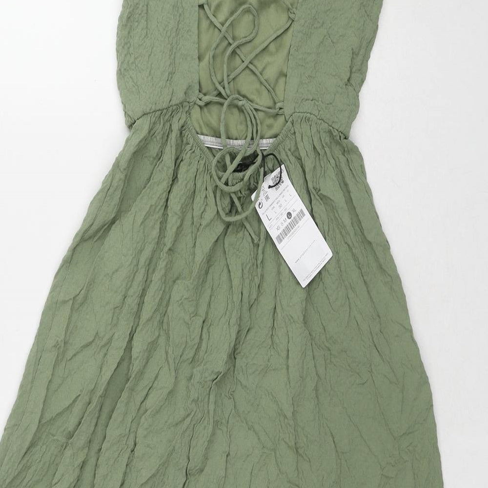 Zara Womens Green Polyester A-Line Size L Square Neck Tie - Lace Up Back Detail