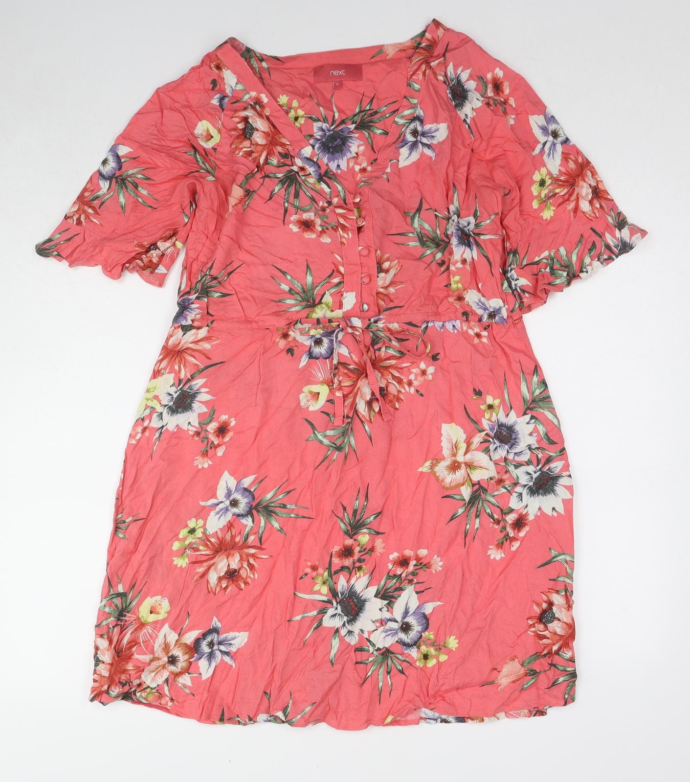 NEXT Womens Multicoloured Floral Viscose A-Line Size 14 V-Neck Button