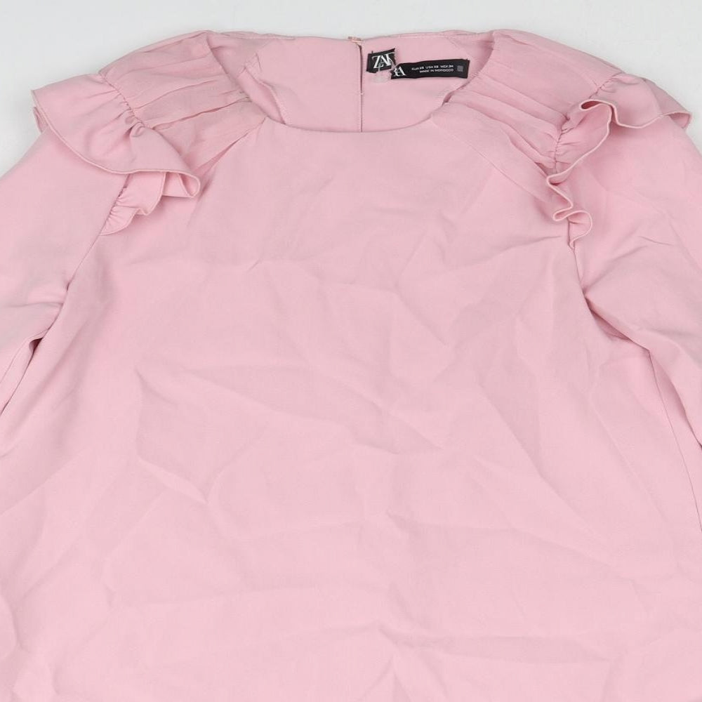 Zara Womens Pink Polyester A-Line Size XS Round Neck Button