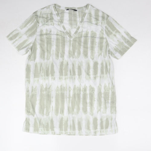 Marks and Spencer Womens Green Geometric Cotton Basic T-Shirt Size 10 V-Neck