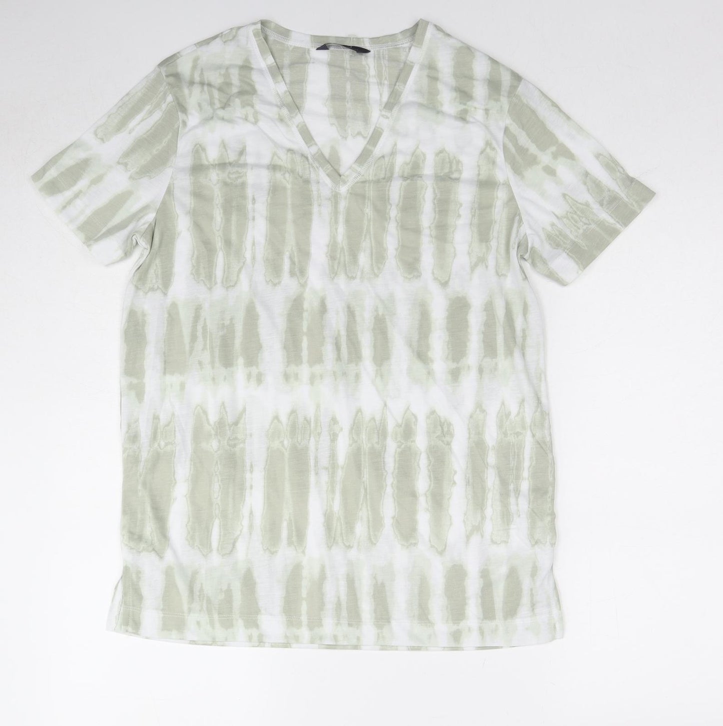 Marks and Spencer Womens Green Geometric Cotton Basic T-Shirt Size 10 V-Neck