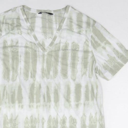 Marks and Spencer Womens Green Geometric Cotton Basic T-Shirt Size 10 V-Neck