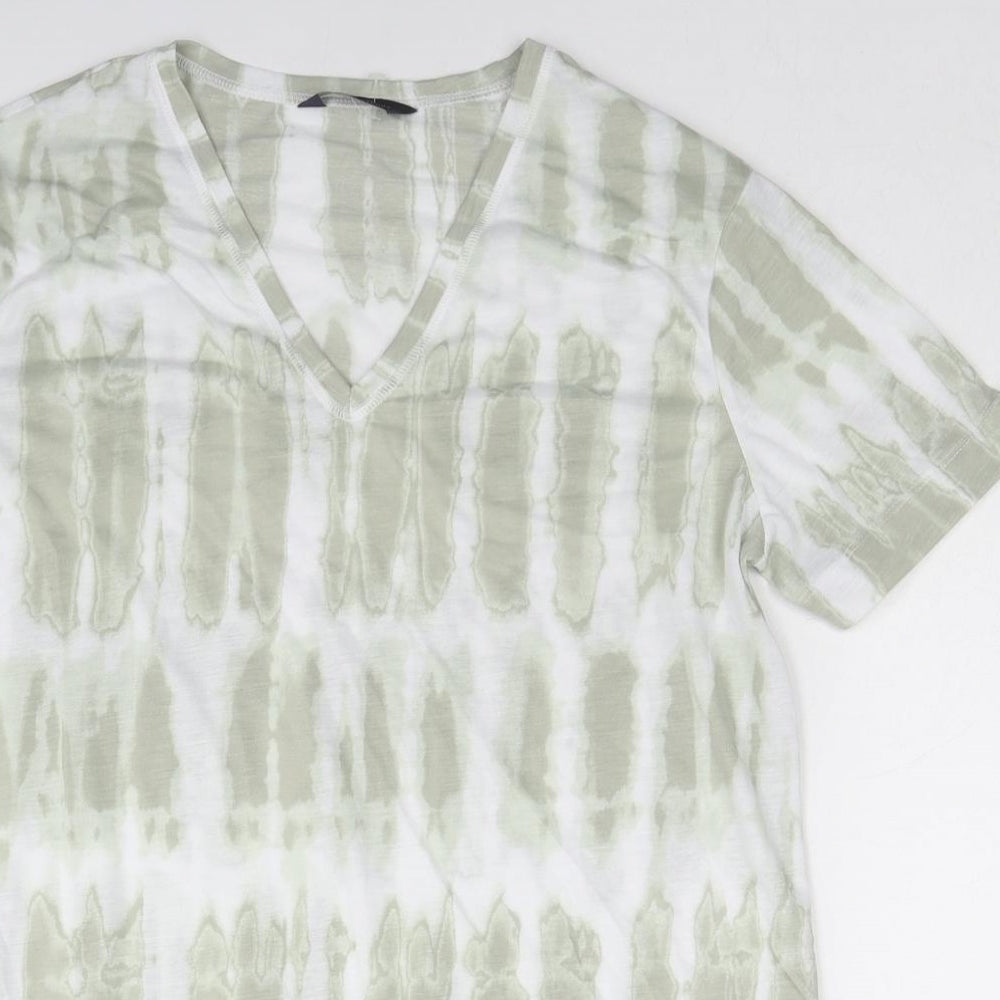 Marks and Spencer Womens Green Geometric Cotton Basic T-Shirt Size 10 V-Neck