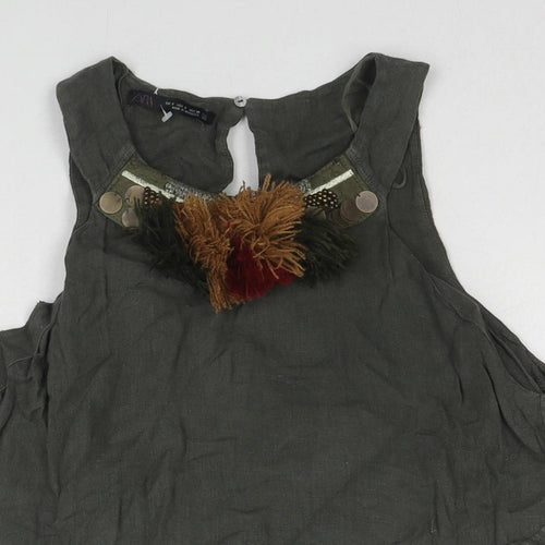 Zara Womens Green Linen Basic Tank Size S Round Neck