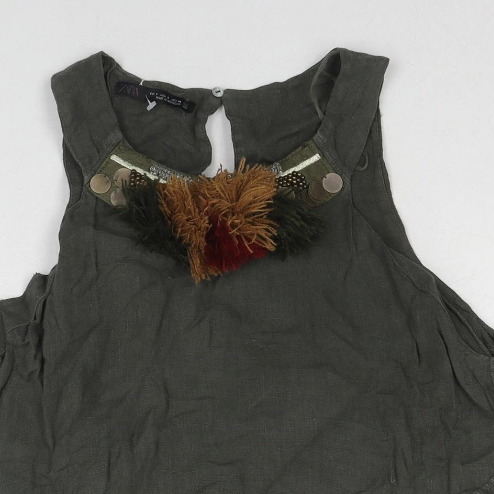 Zara Womens Green Linen Basic Tank Size S Round Neck